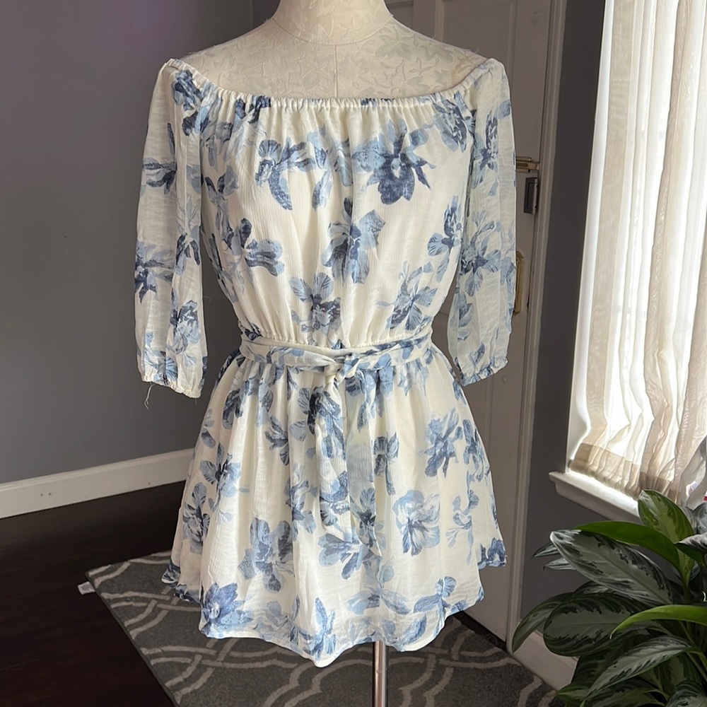 Acanva Off Shoulder Blue Floral Dress